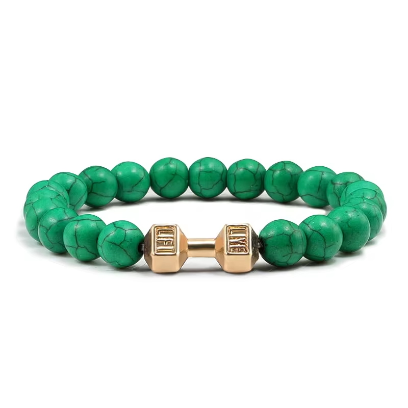 Natural Volcanic Stone Bracelet Men Matte Black Lave White Beads Charm Dumbbell Strand Bracelets Women Barbell Fitness Jewelry