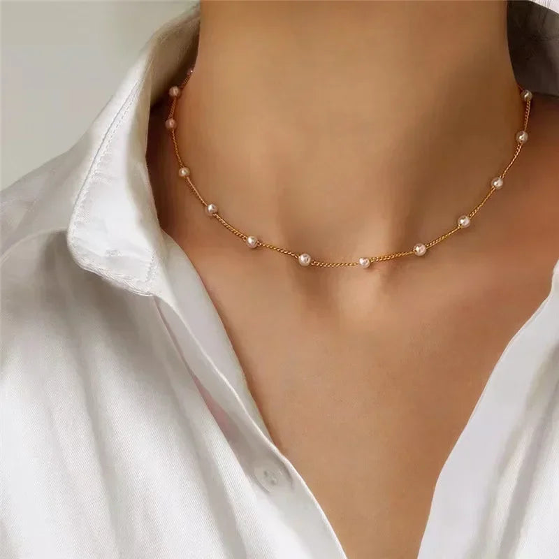2025 New Women'S Pearl Necklace Kpop Gold Color Beads Pendant Necklaces Goth Double Layer Chain Choker for Women Fashion Jewelry