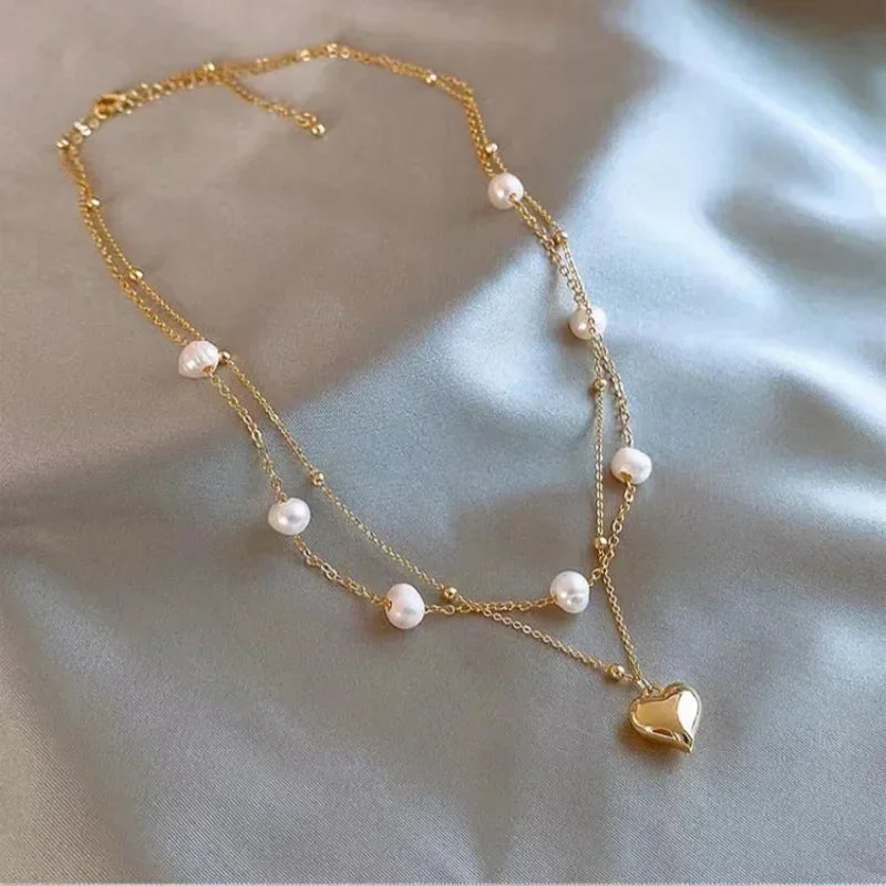 2025 New Women'S Pearl Necklace Kpop Gold Color Beads Pendant Necklaces Goth Double Layer Chain Choker for Women Fashion Jewelry