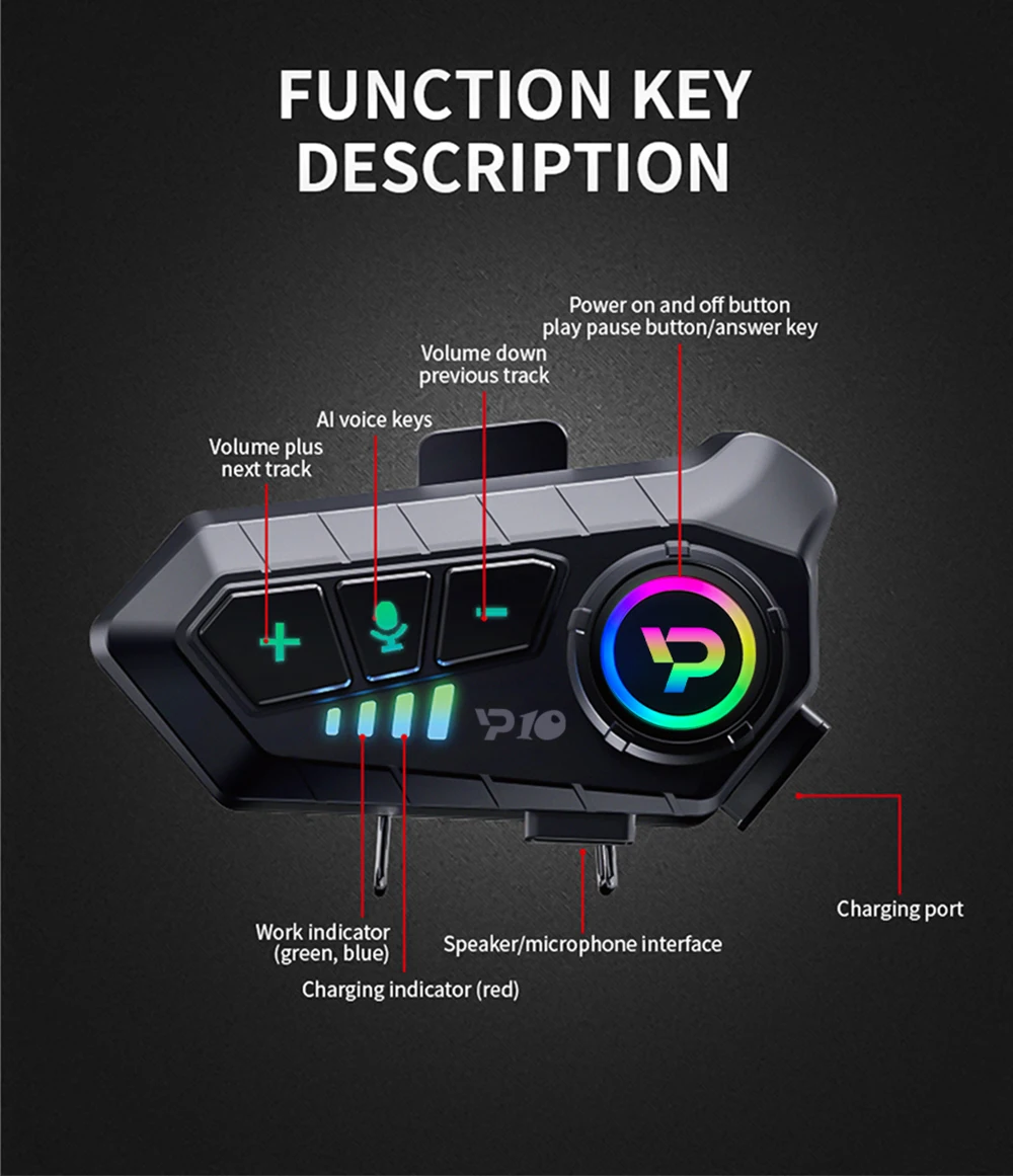 Y10 Bluetooth Motorcycle Helmet Headset Wireless IPX6 Waterproof Noice Reduction Earphone Super Long Standby Handsfree Headphone