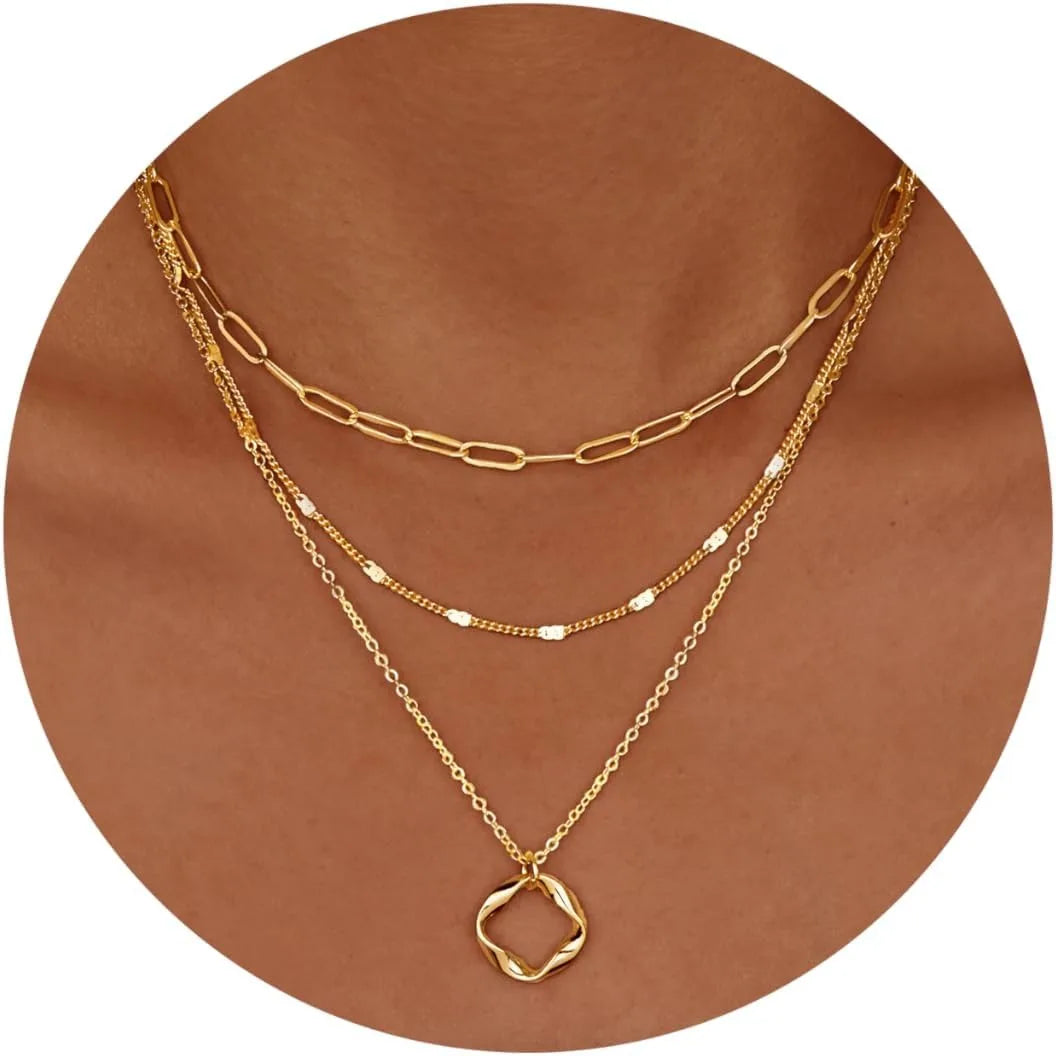 Layered Gold Necklaces for Women Stackable14K Gold Silver Plated Circle Paperclip Chain Pendant Choker Necklace Set for Woman