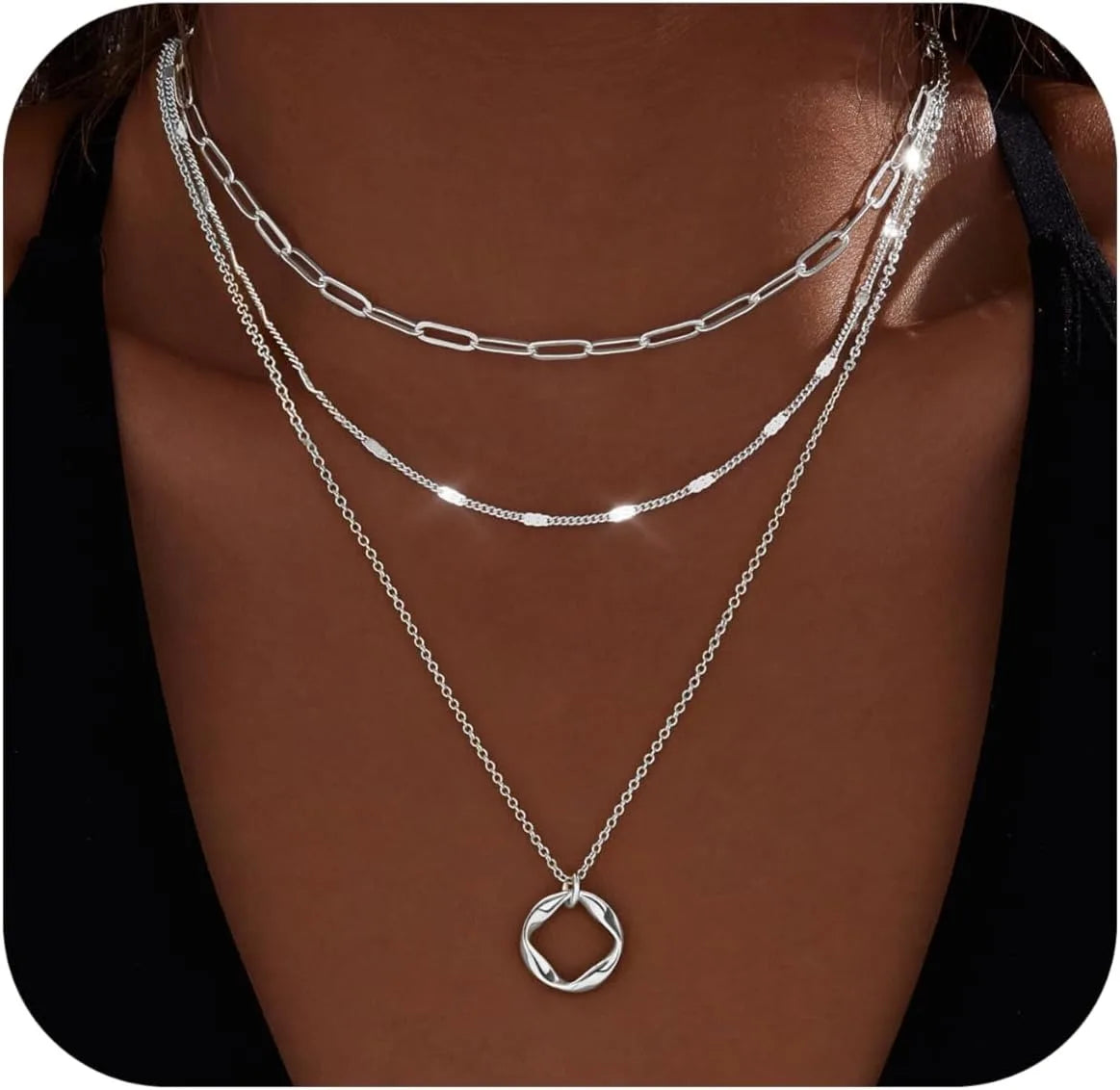 Layered Gold Necklaces for Women Stackable14K Gold Silver Plated Circle Paperclip Chain Pendant Choker Necklace Set for Woman