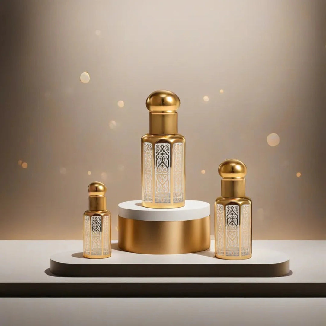 Set of gold and white perfume bottles on a beige background