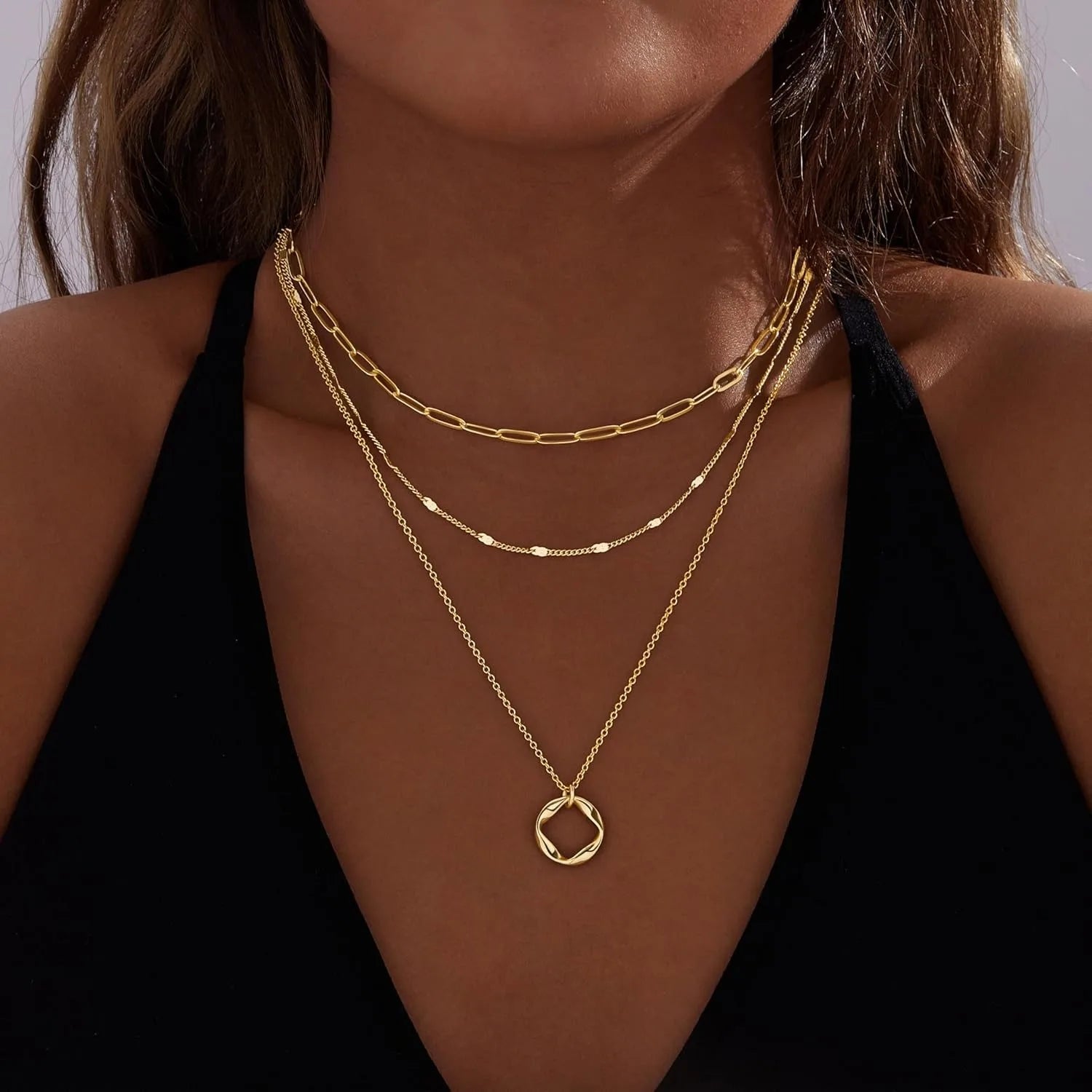 Layered Gold Necklaces for Women Stackable14K Gold Silver Plated Circle Paperclip Chain Pendant Choker Necklace Set for Woman
