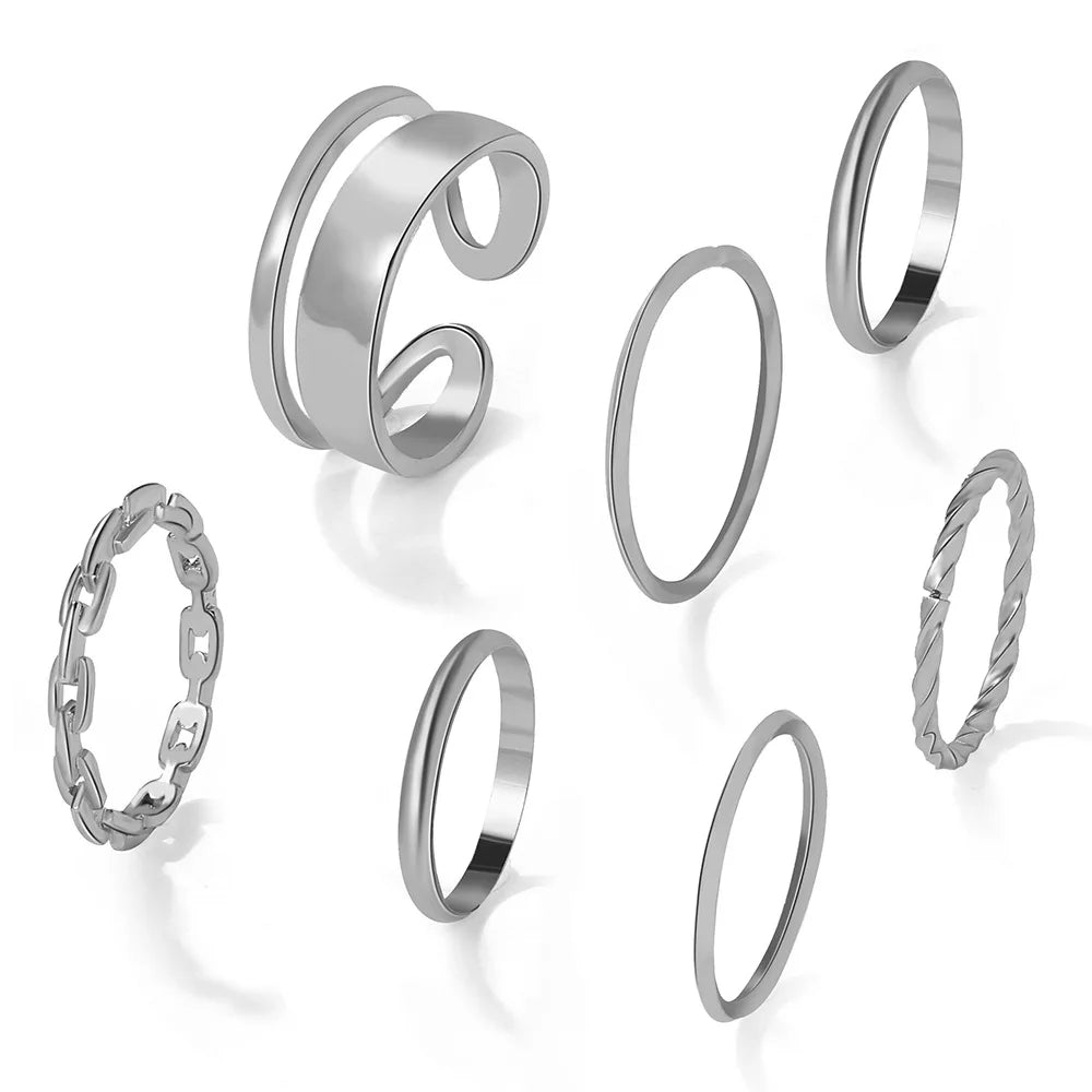 7Pcs Fashion Jewelry Rings Set Hot Selling Metal Alloy Hollow round Opening Women Finger Ring for Girl Lady Party Wedding Gifts