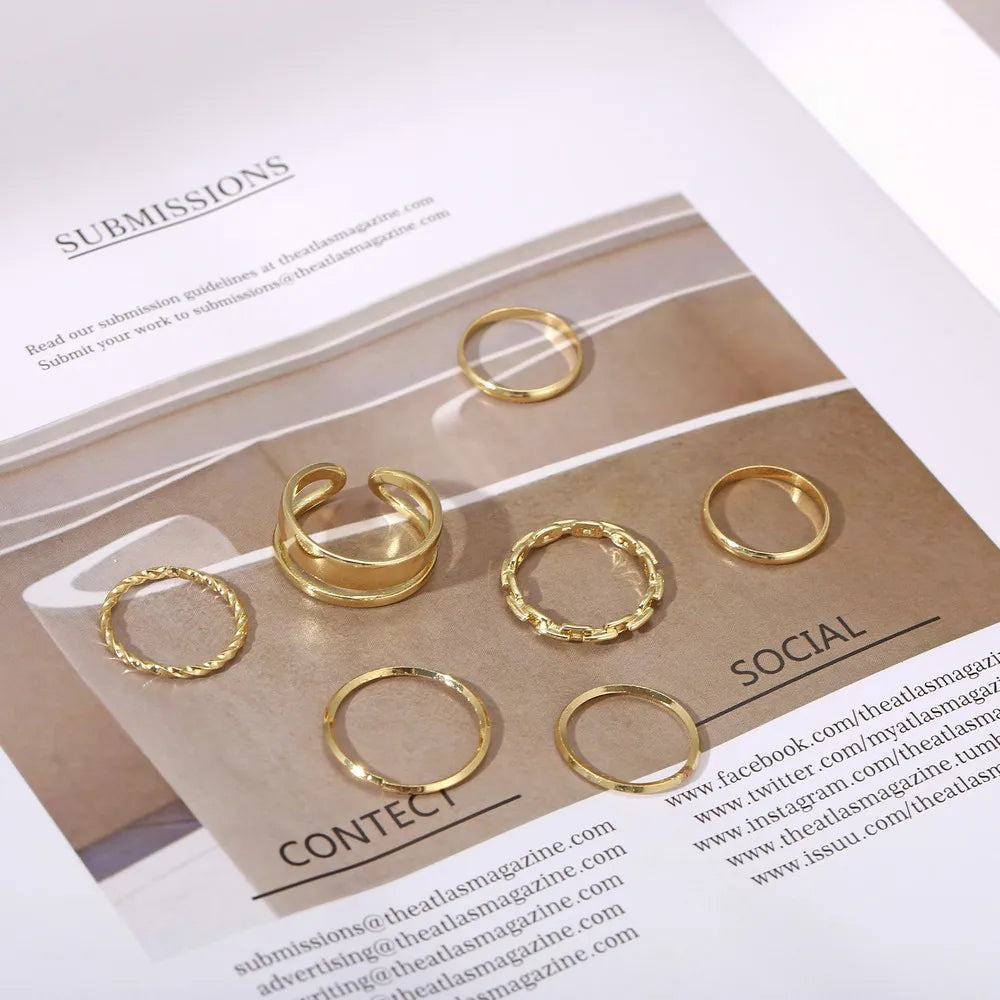 7Pcs Fashion Jewelry Rings Set Hot Selling Metal Alloy Hollow round Opening Women Finger Ring for Girl Lady Party Wedding Gifts
