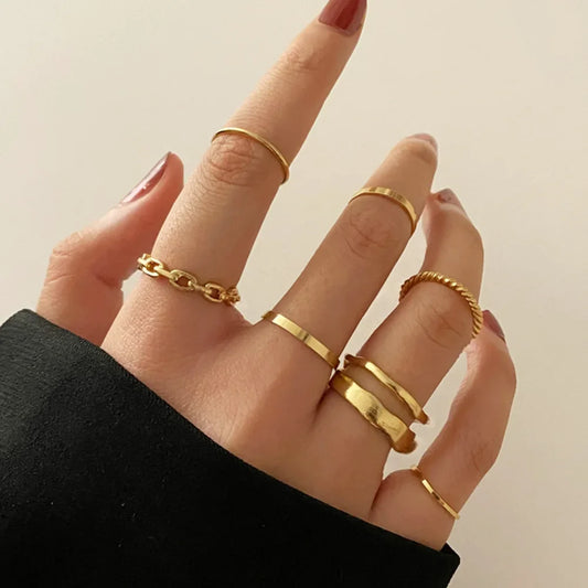 7Pcs Fashion Jewelry Rings Set Hot Selling Metal Alloy Hollow round Opening Women Finger Ring for Girl Lady Party Wedding Gifts