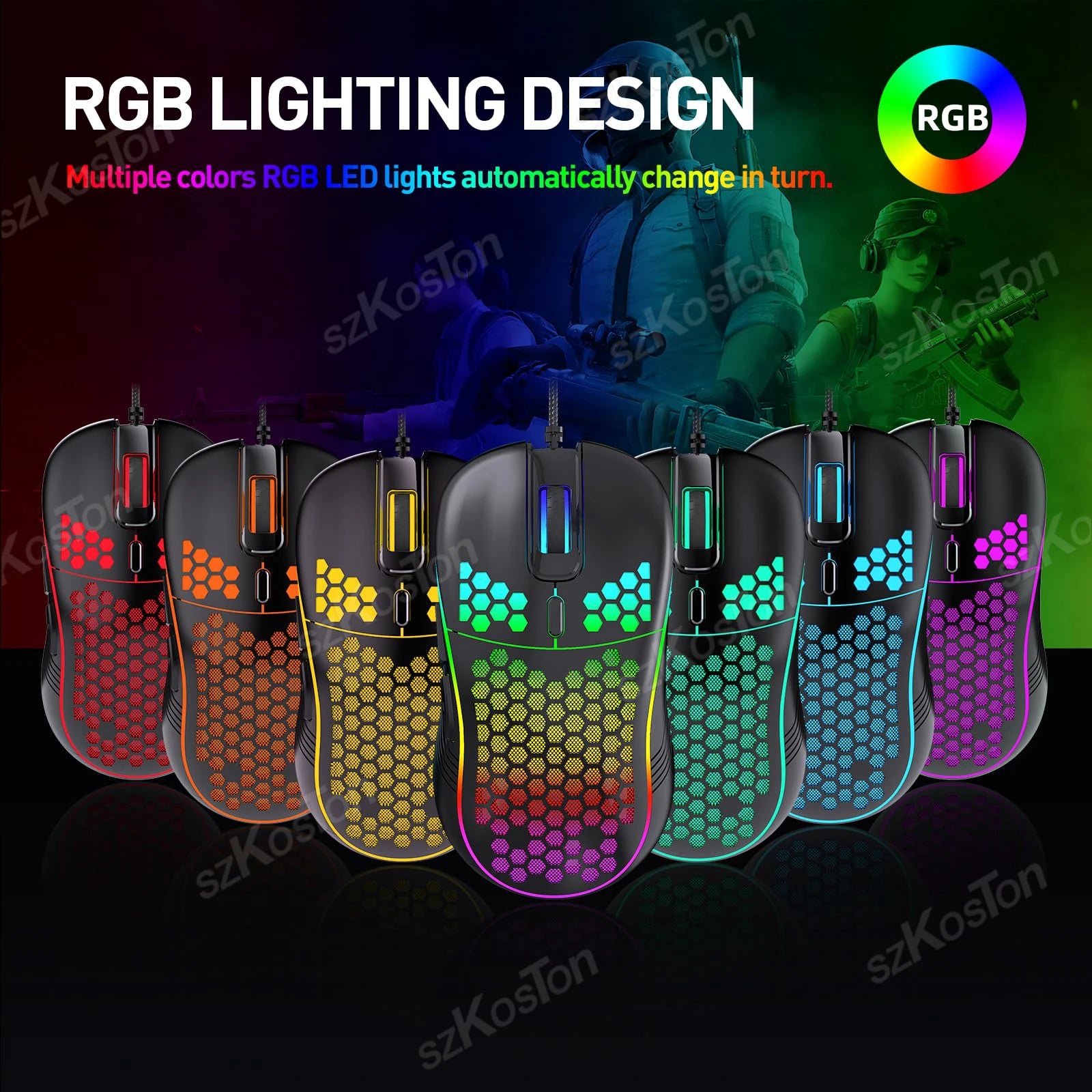 USB Honeycomb Wired Gaming Mouse RGB Backlight Mouses Adjustable DPI Ergonomic Mice for PC Computer Laptop Notebook Macbook