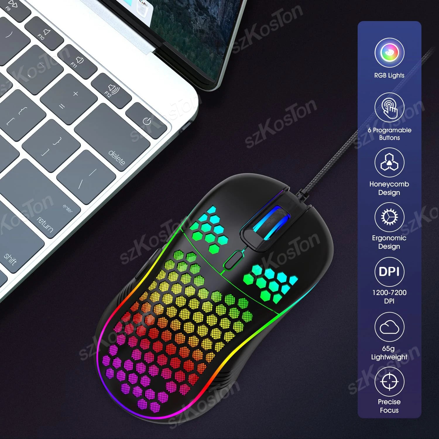 USB Honeycomb Wired Gaming Mouse RGB Backlight Mouses Adjustable DPI Ergonomic Mice for PC Computer Laptop Notebook Macbook
