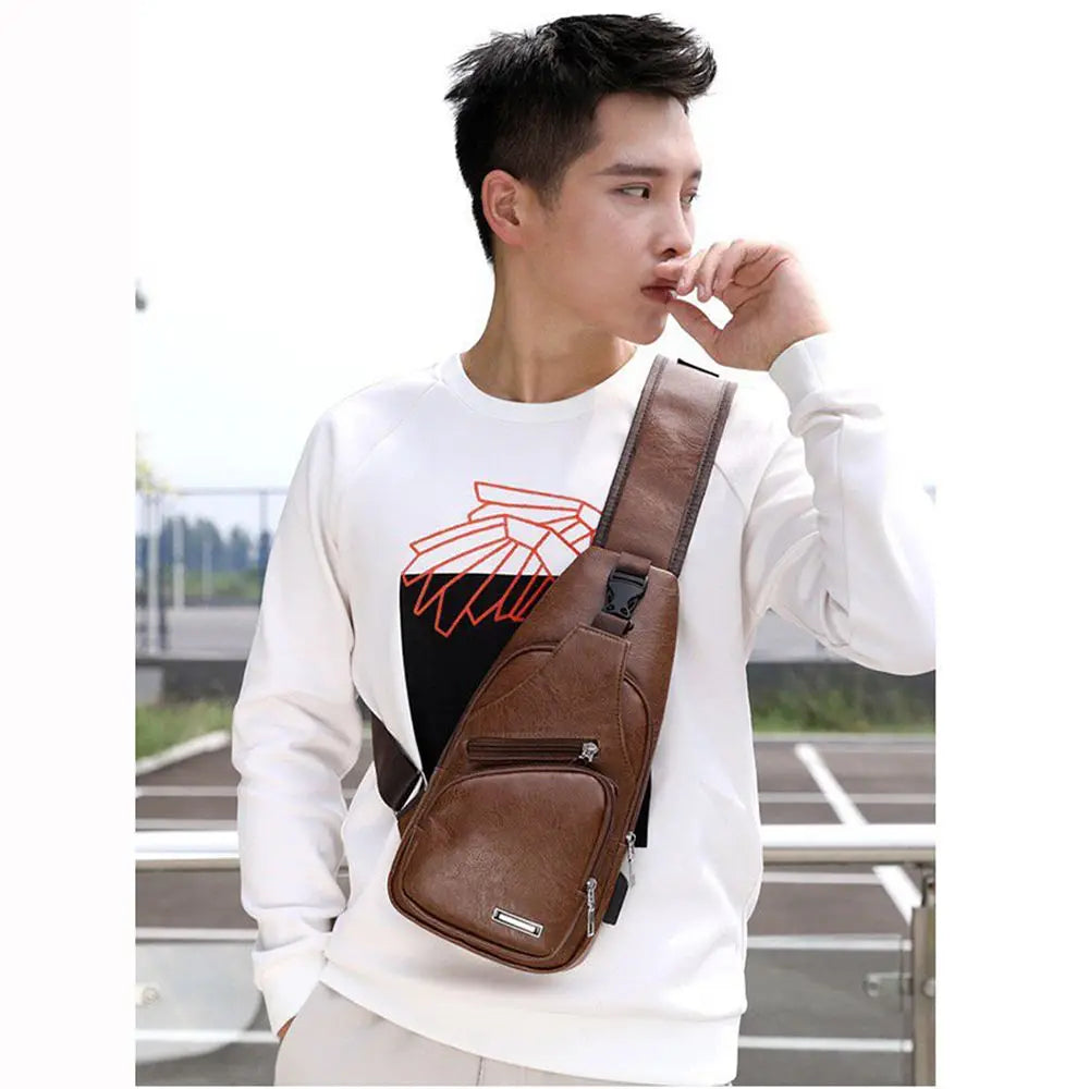 USB Data Cable Charging Chest Bag Casual Fashion Shoulder Bag PU Outdoor Sports Men'S Bag