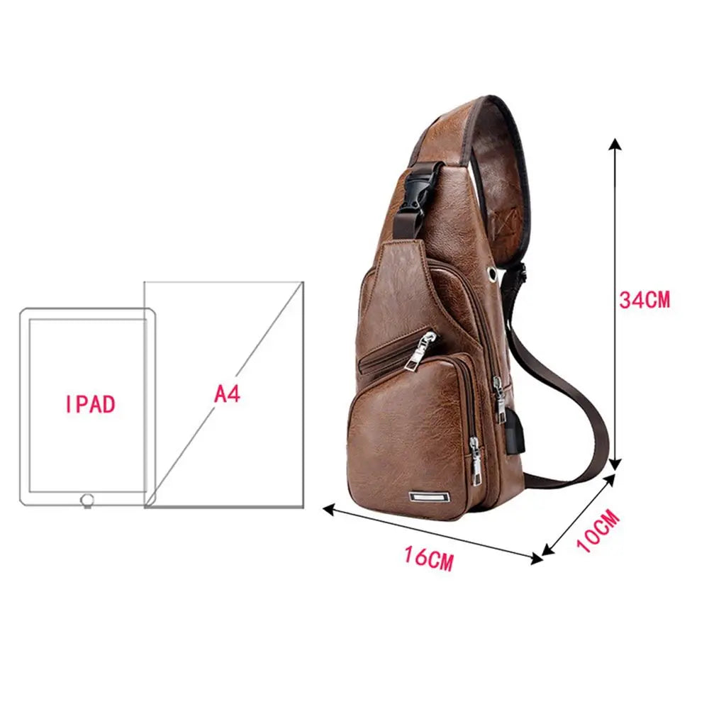 USB Data Cable Charging Chest Bag Casual Fashion Shoulder Bag PU Outdoor Sports Men'S Bag