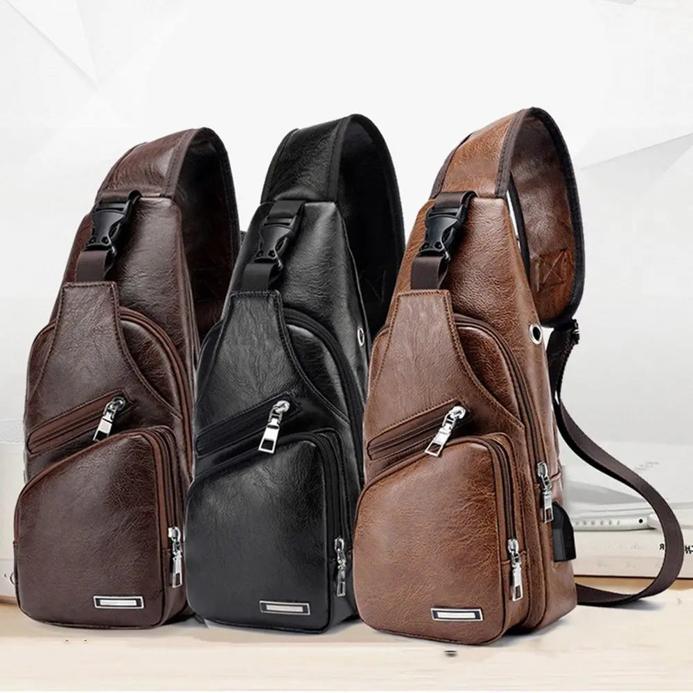 USB Data Cable Charging Chest Bag Casual Fashion Shoulder Bag PU Outdoor Sports Men'S Bag