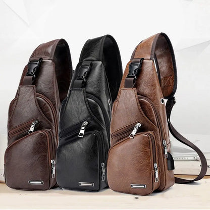 USB Data Cable Charging Chest Bag Casual Fashion Shoulder Bag PU Outdoor Sports Men'S Bag