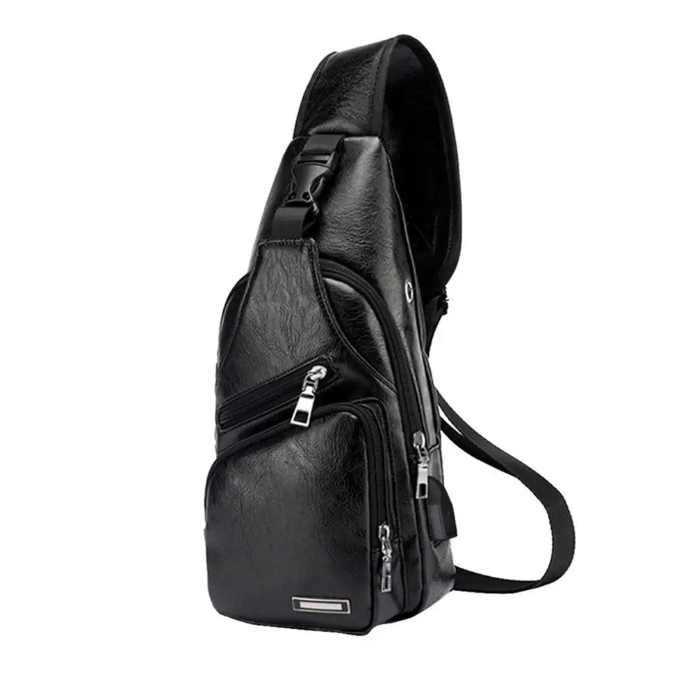 USB Data Cable Charging Chest Bag Casual Fashion Shoulder Bag PU Outdoor Sports Men'S Bag