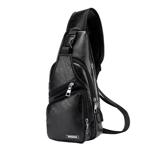 USB Data Cable Charging Chest Bag Casual Fashion Shoulder Bag PU Outdoor Sports Men'S Bag