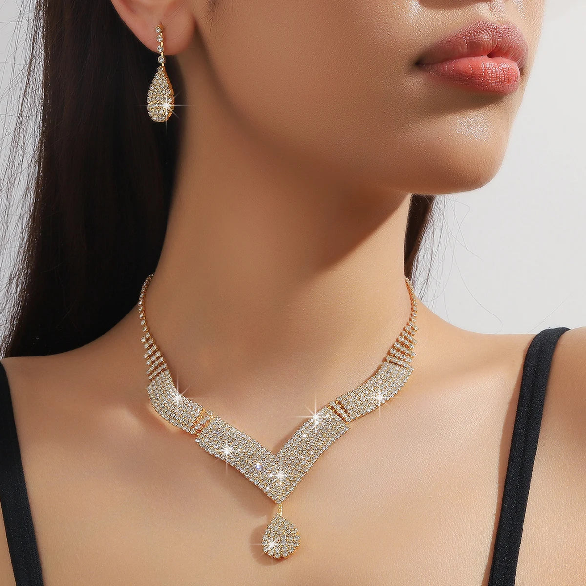 3Pcs Fashionable Rhinestones, Water Droplets, Necklaces, Earrings, Jewelry Sets, Women'S Wedding Accessories