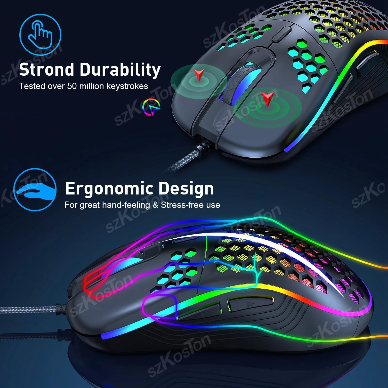 USB Honeycomb Wired Gaming Mouse RGB Backlight Mouses Adjustable DPI Ergonomic Mice for PC Computer Laptop Notebook Macbook