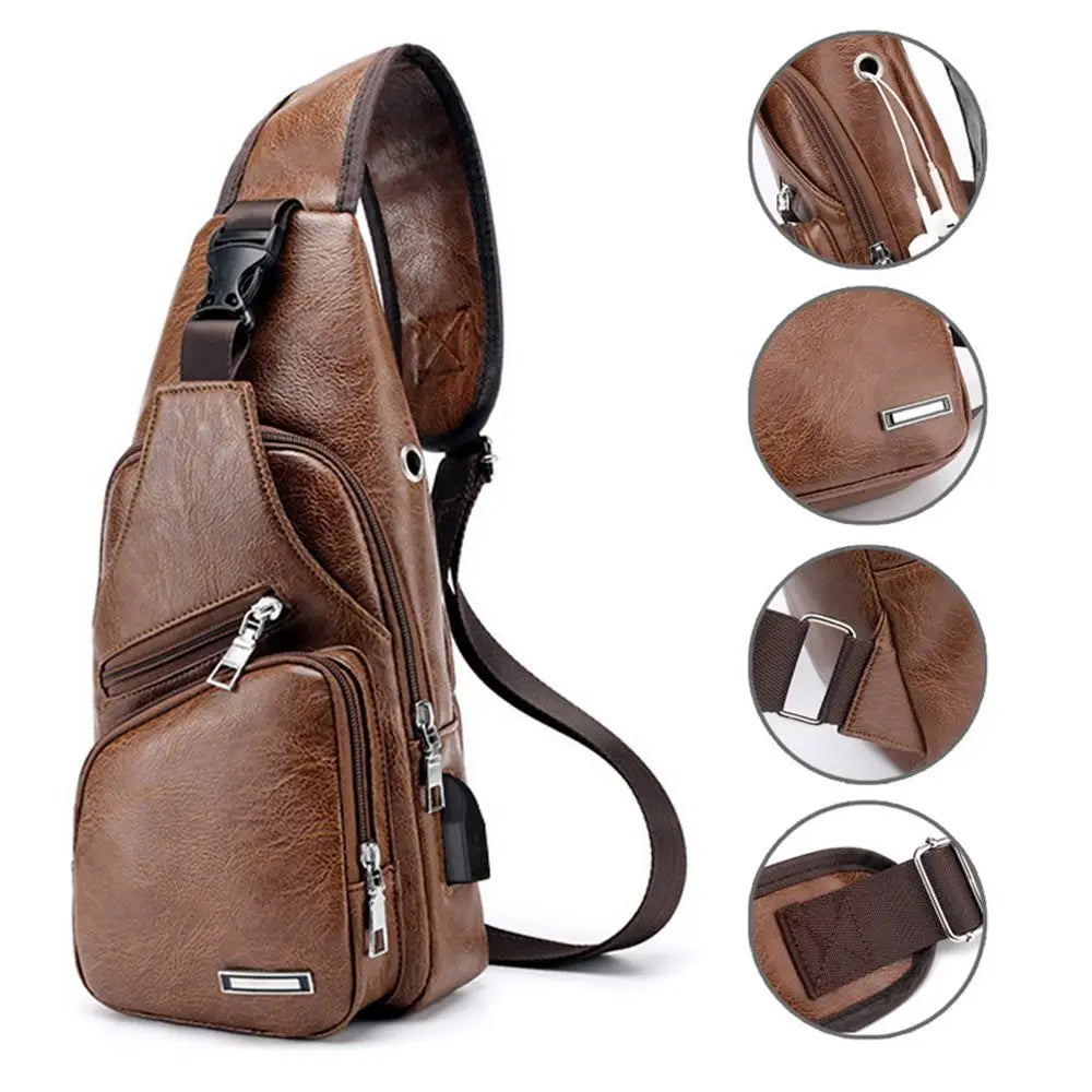 USB Data Cable Charging Chest Bag Casual Fashion Shoulder Bag PU Outdoor Sports Men'S Bag
