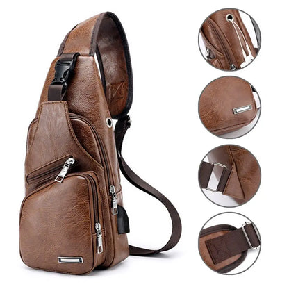USB Data Cable Charging Chest Bag Casual Fashion Shoulder Bag PU Outdoor Sports Men'S Bag