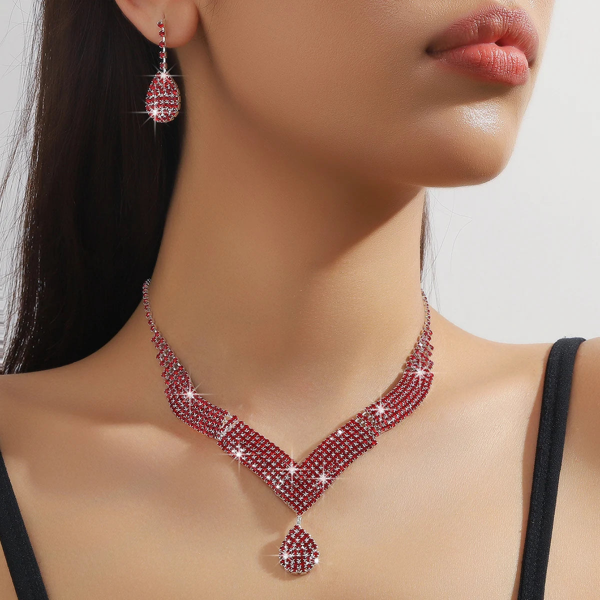 3Pcs Fashionable Rhinestones, Water Droplets, Necklaces, Earrings, Jewelry Sets, Women'S Wedding Accessories
