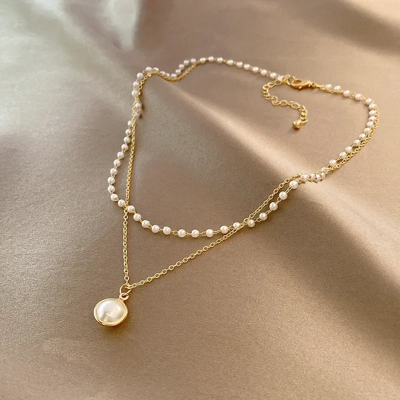 2025 New Women'S Pearl Necklace Kpop Gold Color Beads Pendant Necklaces Goth Double Layer Chain Choker for Women Fashion Jewelry