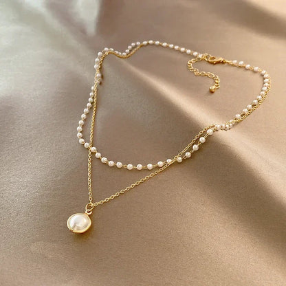 2025 New Women'S Pearl Necklace Kpop Gold Color Beads Pendant Necklaces Goth Double Layer Chain Choker for Women Fashion Jewelry