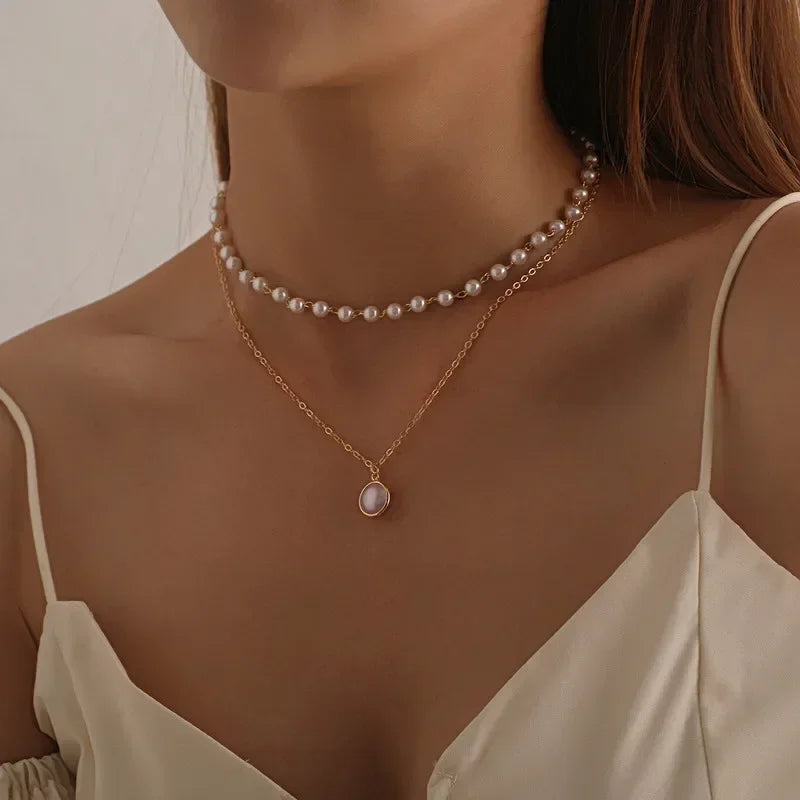 2025 New Women'S Pearl Necklace Kpop Gold Color Beads Pendant Necklaces Goth Double Layer Chain Choker for Women Fashion Jewelry
