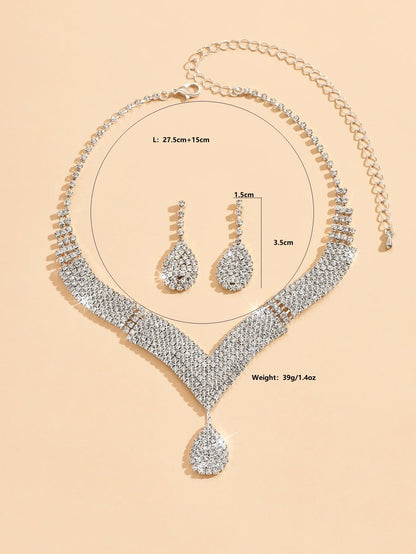 3Pcs Fashionable Rhinestones, Water Droplets, Necklaces, Earrings, Jewelry Sets, Women'S Wedding Accessories