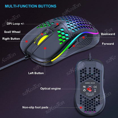 USB Honeycomb Wired Gaming Mouse RGB Backlight Mouses Adjustable DPI Ergonomic Mice for PC Computer Laptop Notebook Macbook