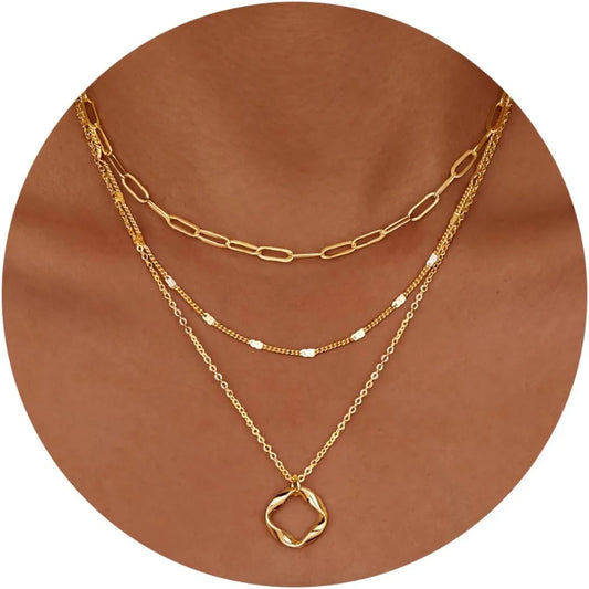 Layered Gold Necklaces for Women Stackable14K Gold Silver Plated Circle Paperclip Chain Pendant Choker Necklace Set for Woman